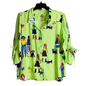 John Mark Womens 1X Lime Green Novelty Dog‎ Walker Top NWT